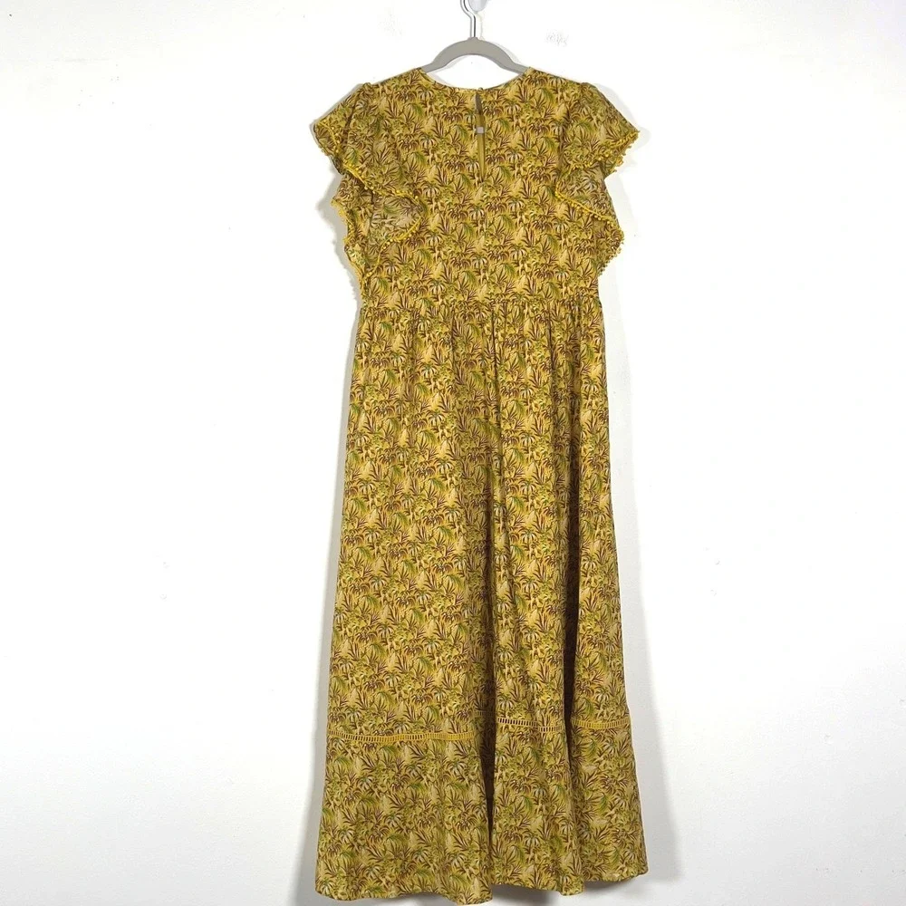 Ann Taylor Yellow Tropical Palm Print Maxi Dress Flutter Sleeve Pom‎ Pom Medium